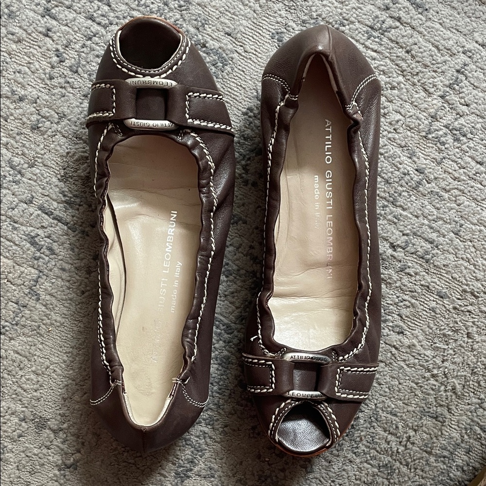 Attilio Giusti Leombruni Brown Leather Peep-Toe Ballet Flats Sz 36/6 GUC